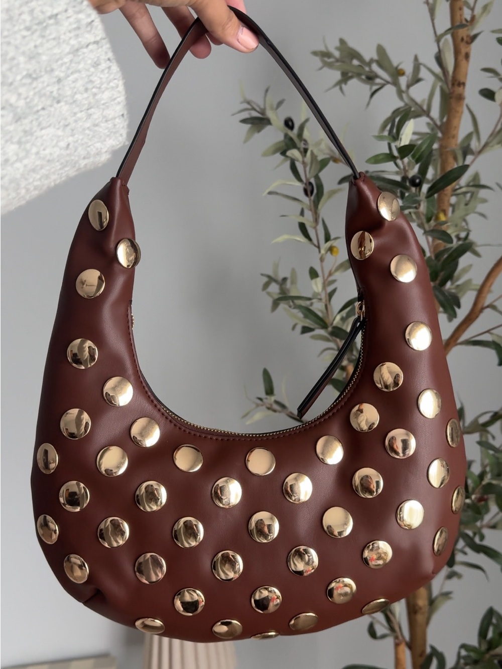 ASOS Brown Hobo Shoulder Bag with Gold Studs